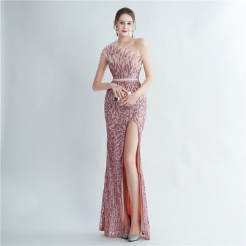 Heavy Industry Ostrich Hair Craft Beading Evening Dress with Side Slit